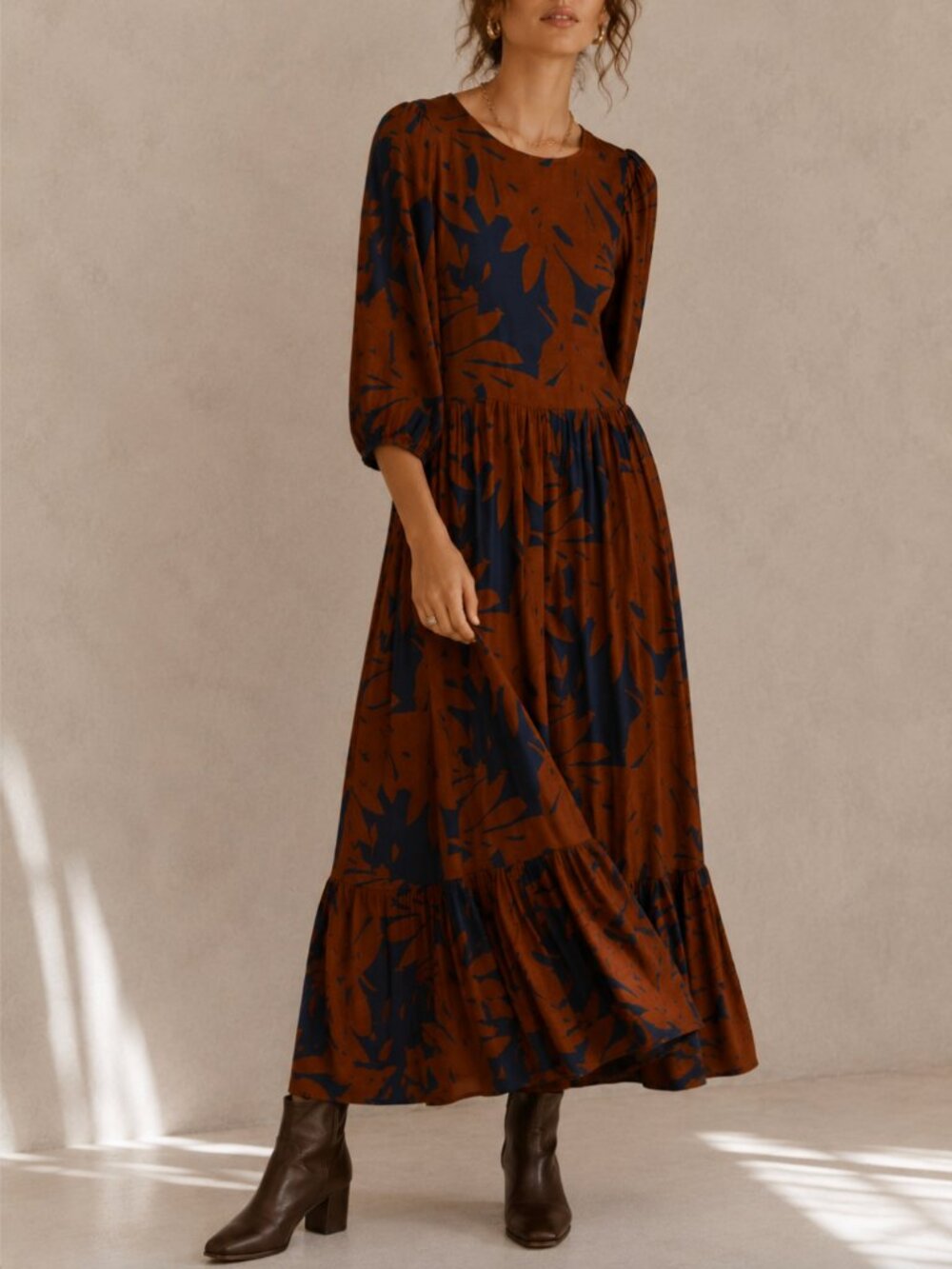 Anthropologie Porridge Rust & Navy Floral Print Tiered Midi Dress Size S